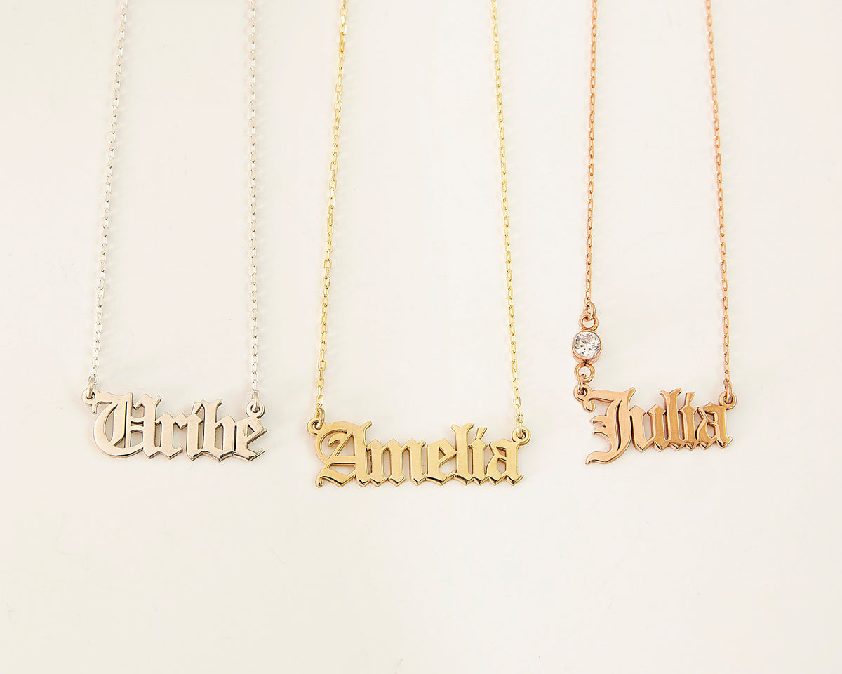 14K Gold Fillled Old English Name Necklace, Personalized Name Necklace, Old English Jewelry Birthday Gifts, Gothic Name Necklace