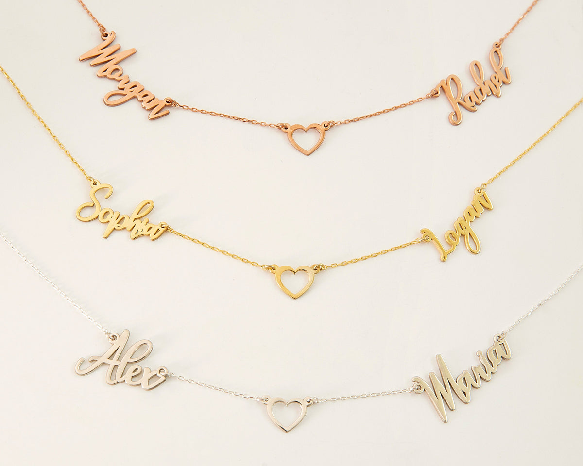 Personalized Two Name Necklace with Heart • 925 Sterling Silver, Gold and Rose Gold Gifts for Her, Custom 2 Names Necklace