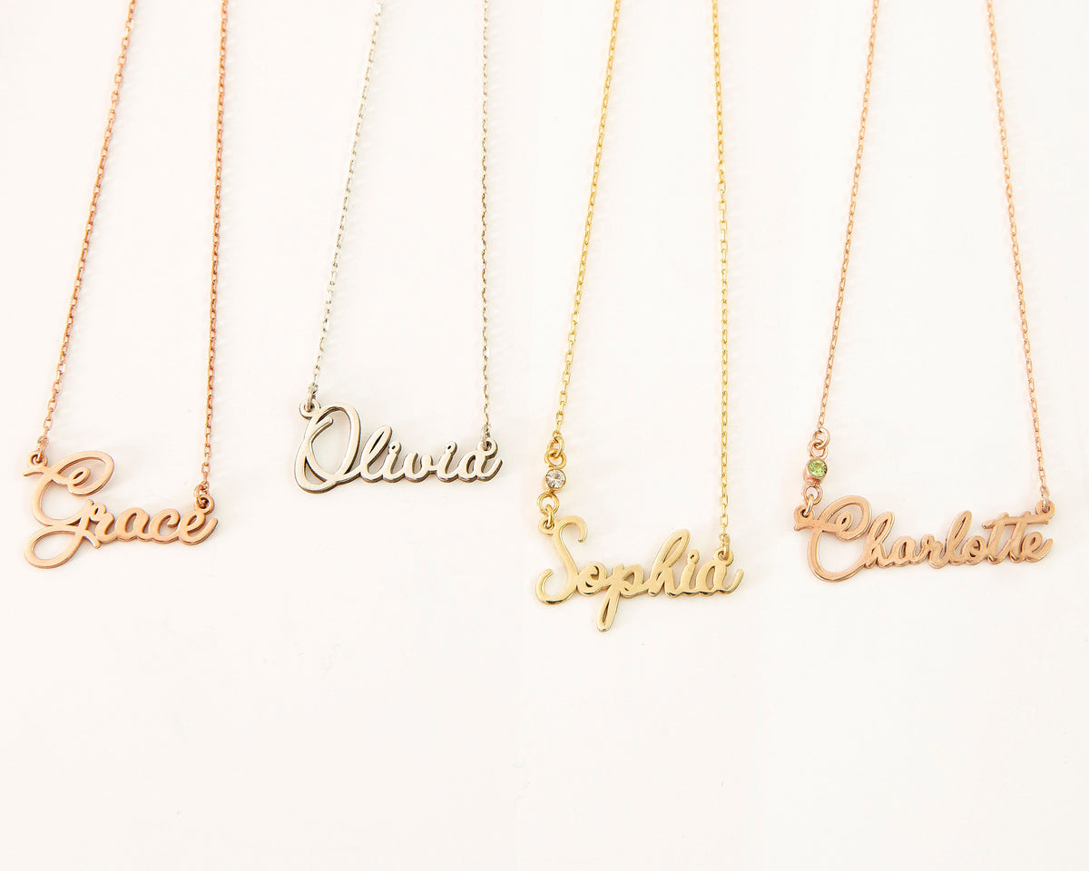 Personalized 14k Solid Gold Name Necklace • Dainty Custom Handmade Jewelry with Birthstones • Real White Gold Wedding Gift for Her and Him