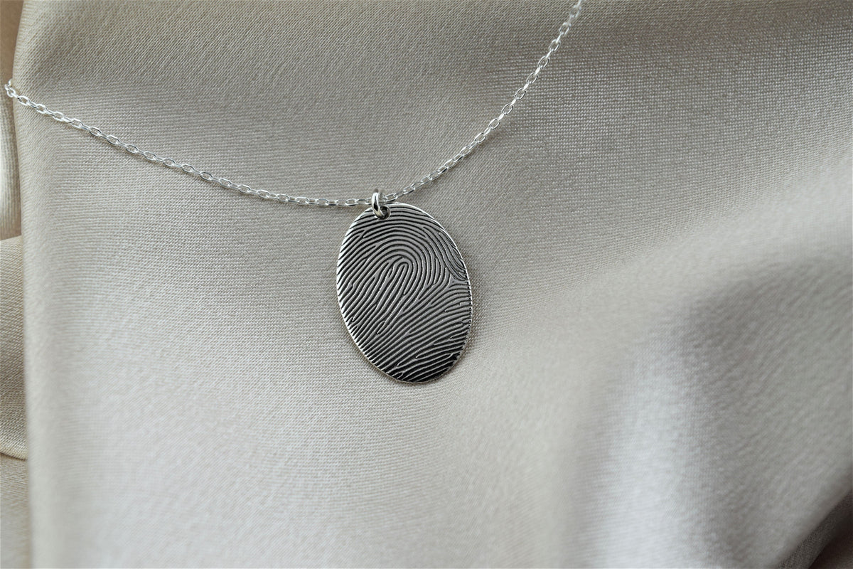 Actual Fingerprint Necklace, Memorial Jewelry Necklace in Sterling Silver • Oval Fingerprint Jewelry • Fingerprint and Handwriting Necklace
