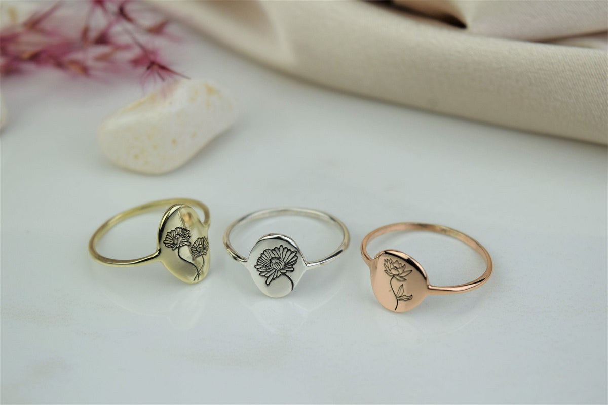 Handmade Birth Flower Ring • Floral Signet Ring • VALENTINES DAY GIFTS • Personalized Jewelry • Silver, Gold and Rose Gold • Gift for Mom