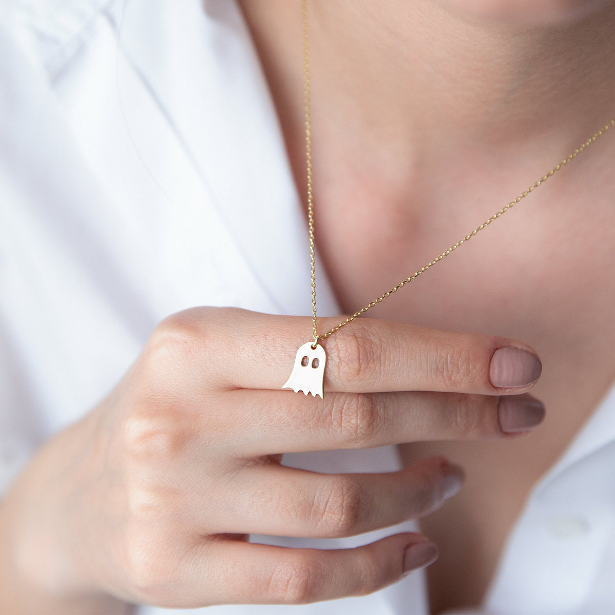 14K Solid (Real) Gold Tiny Ghost Necklace, Spooky Cute Boo Emoji • Halloween Gifts for Her and Him