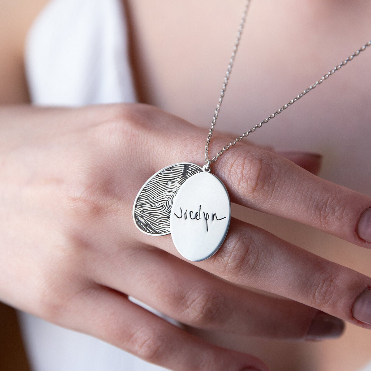 Personalized Actual Fingerprint and Handwriting Necklace • Custom Oval Memorial Necklace • Keepsake Necklace in Sterling Silver, Gold, Rose