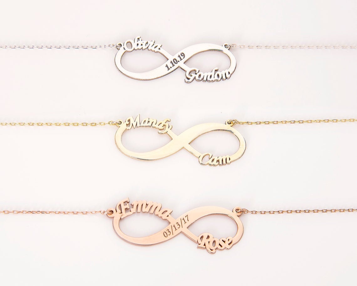 Handmade Infinity Name Necklace 14K Solid Yellow Gold • Custom Infinity Necklace 14K Rose Yellow • Personalized Infinity Necklaces for Women