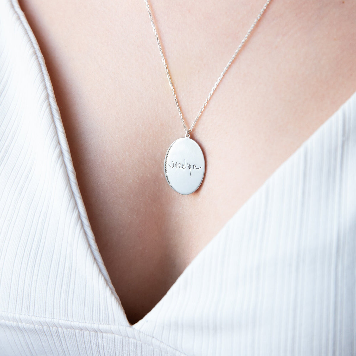 Personalized Actual Fingerprint and Handwriting Necklace • Custom Oval Memorial Necklace • Keepsake Necklace in Sterling Silver, Gold, Rose