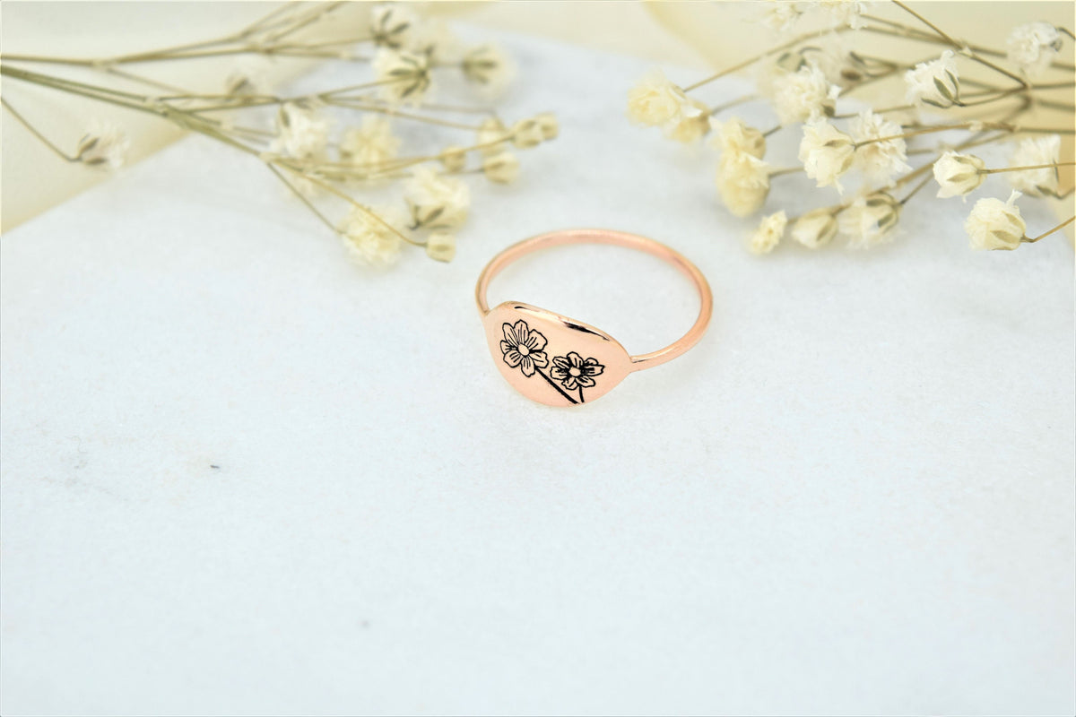 Personalized BirthFlower Jewelry • Floral Signet Ring • Geometric Ring • Personalized Birth Flower Ring • Custom Birth Flower • Symbol Ring