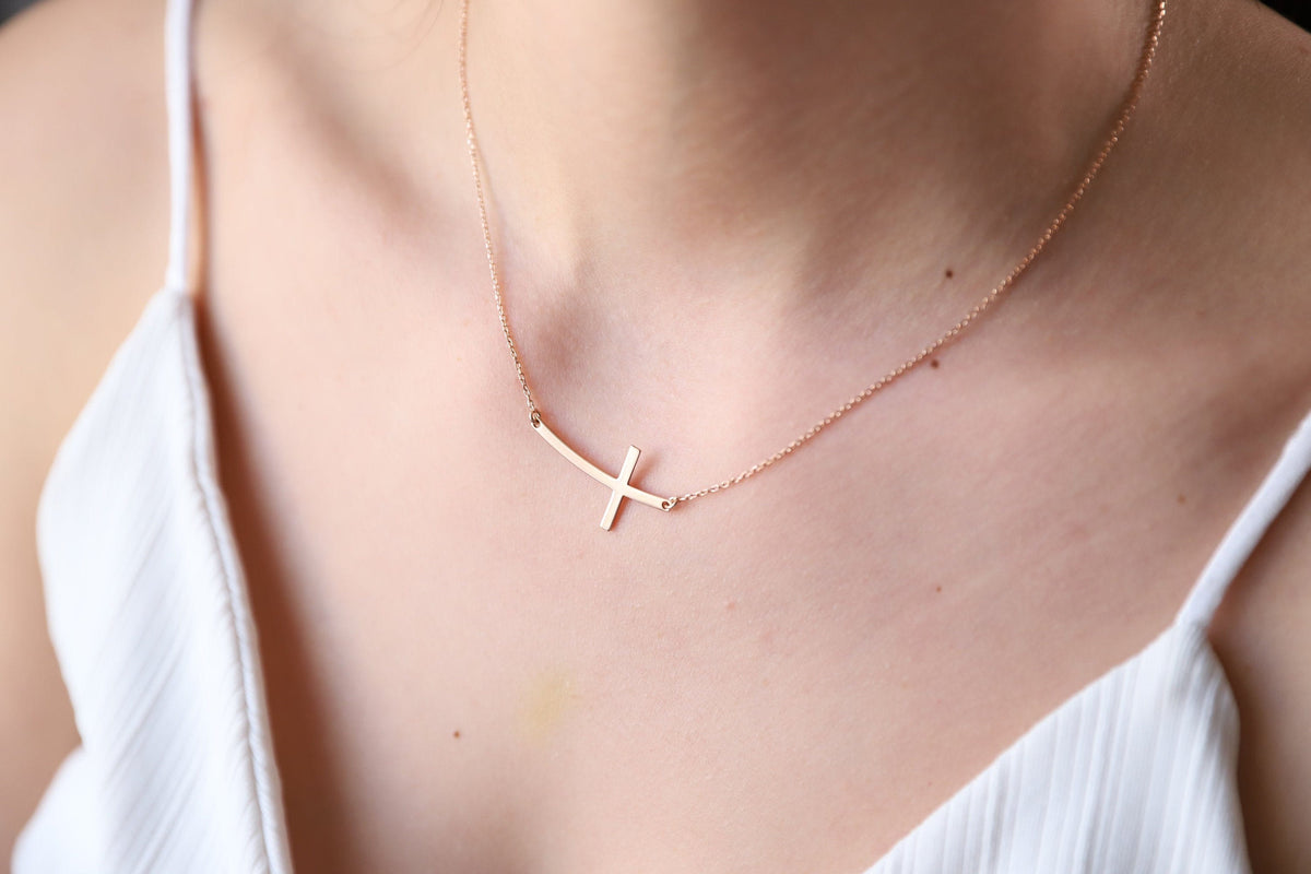Sterling Silver Cross Necklace for Women, Dainty Sideways Cross Necklace with Birthstone • Minimalist Cross Jewelry • Gift for Her