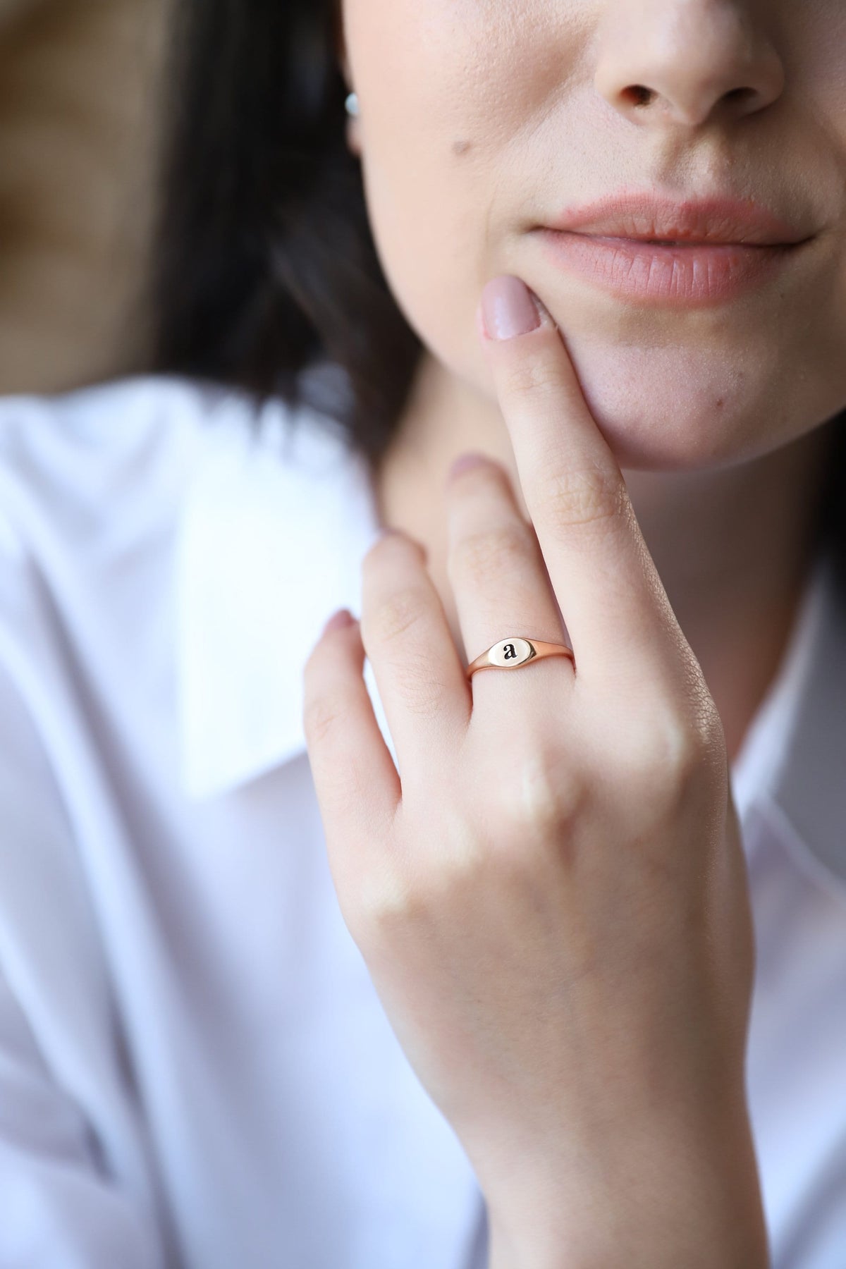 14K Solid (Real) Gold Handmade Initial Dainty Ring, Personalized Engraved Tiny Letters Jewelry • Stackable White Gold Gift for Her