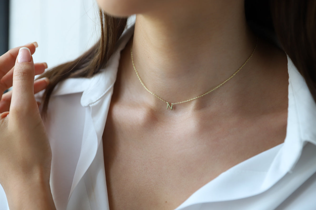 14K Solid Gold Choker Initial Necklace Personalized • Custom Letter Necklace for Women • Real Gold Dainty Birthday Gifts for Her