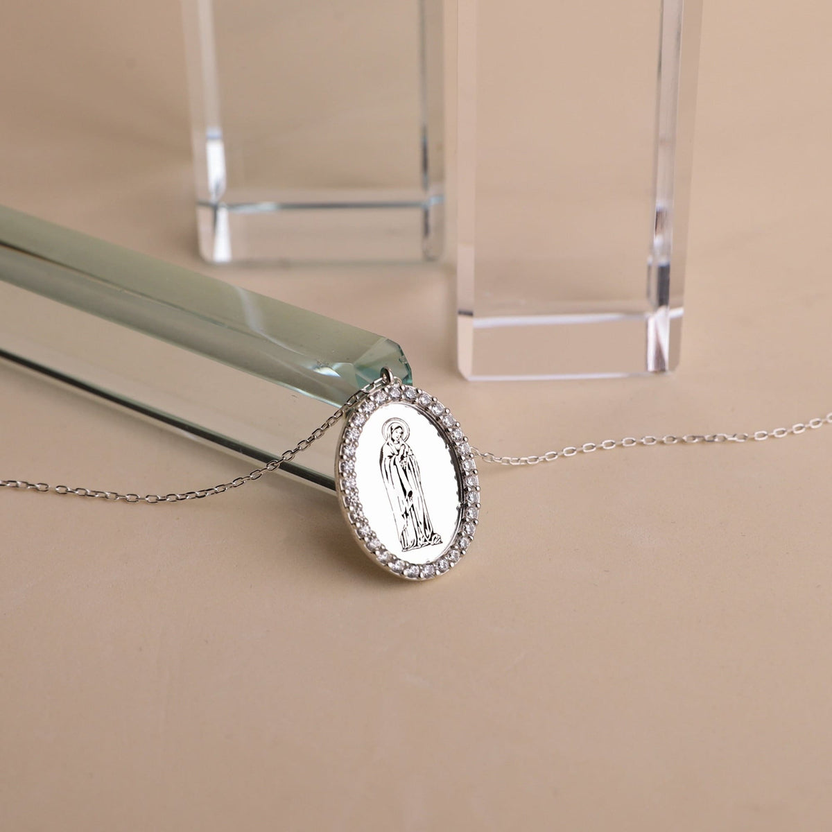 Handmade Virgin Mary Silver Necklace with Cubic Zirconia • Holy Mother Mary Oval Necklace • Symbol Necklace • Gift for Her