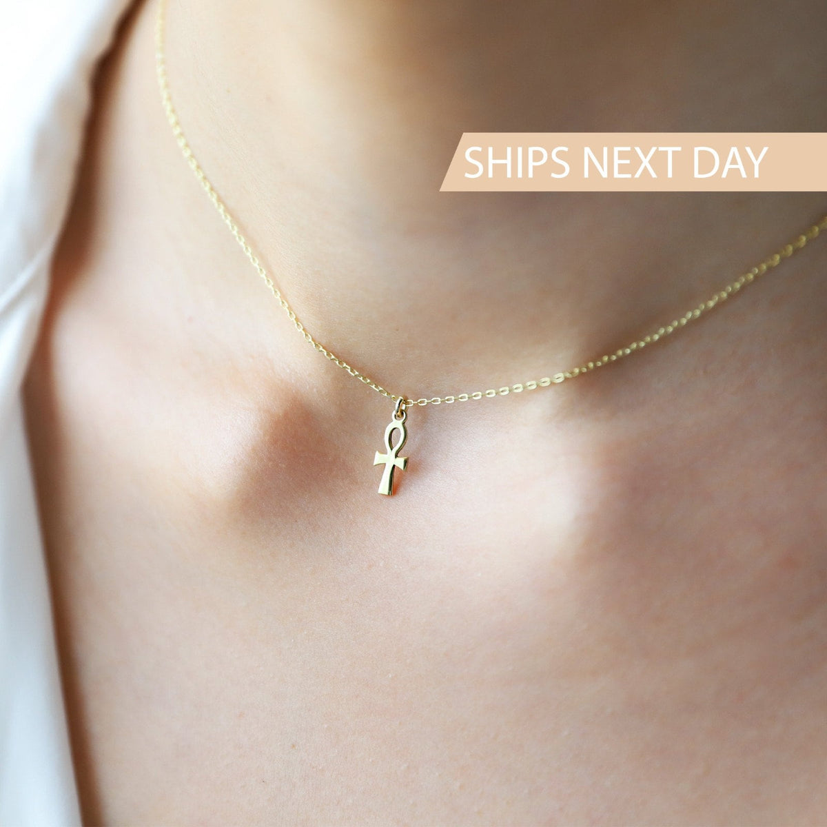 14K Gold Minimal Ankh Necklace, Ancient Symbol Pendant Necklace • Egyptian Ankh Jewelry, Last Minute Anniversary, Birthday, Christmas Gifts