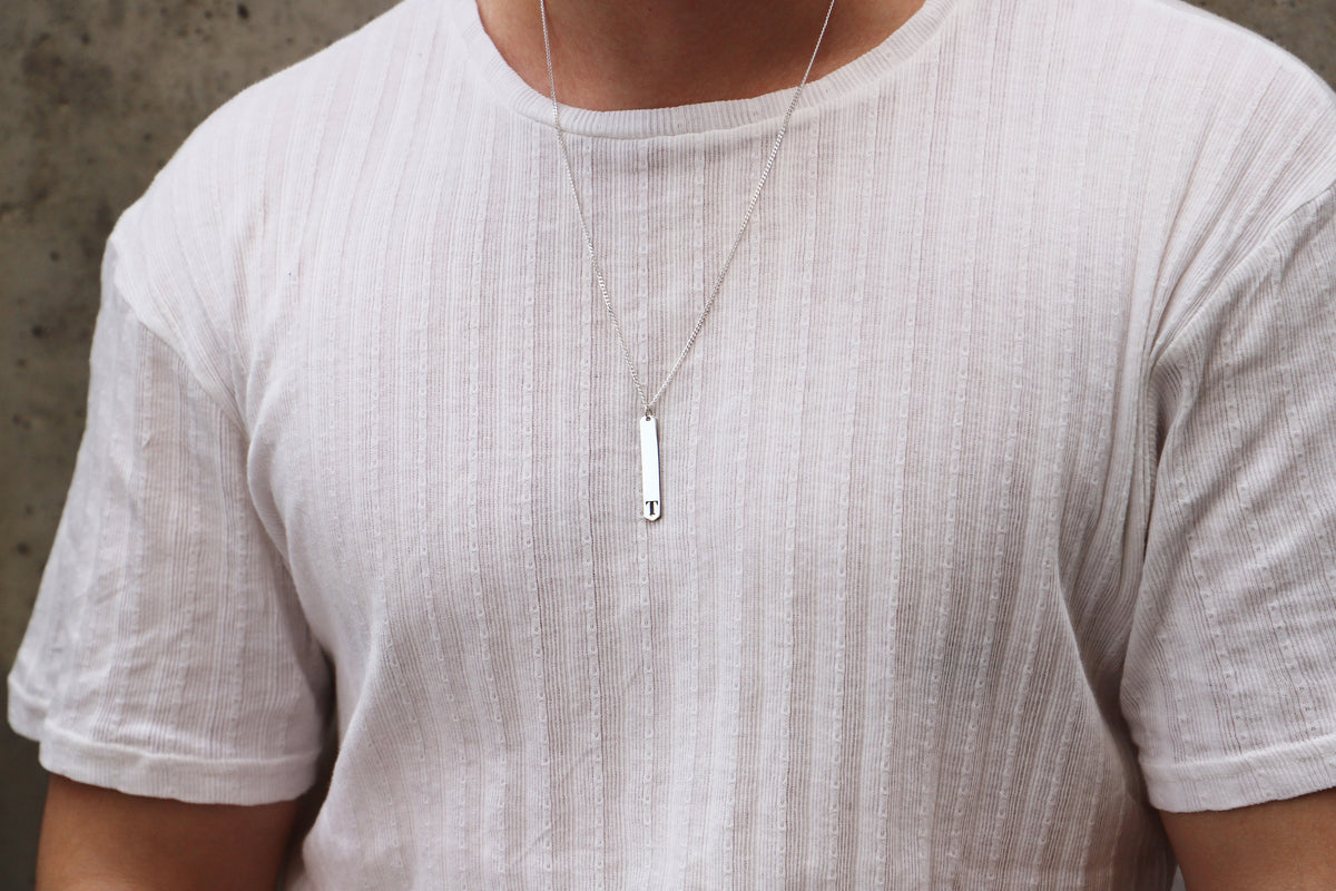 Custom Initial Bar Necklace with Curb Chain • Letter Pendant Bar Men Necklace • Silver, Gold and Rose Mens Jewelry By Necklace Dream World