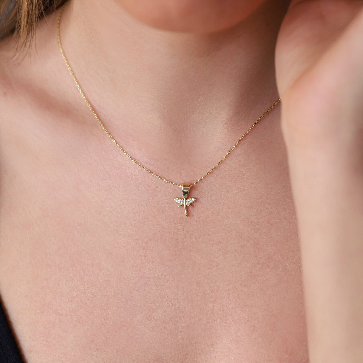 Minimalist CZ Dragonfly Necklace, 14K Gold Dainty Pendant • Simple Gold Filled Fairytale Charm Necklace • Silver Birthday Gift for Women
