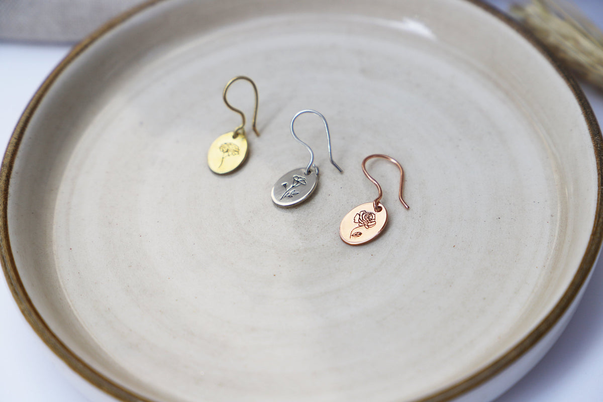 Dainty Dangle Birth Flower Earrings Gold, Sterling Silver Minimalist Month Floral Signet Earrings by NecklaceDreamWorld