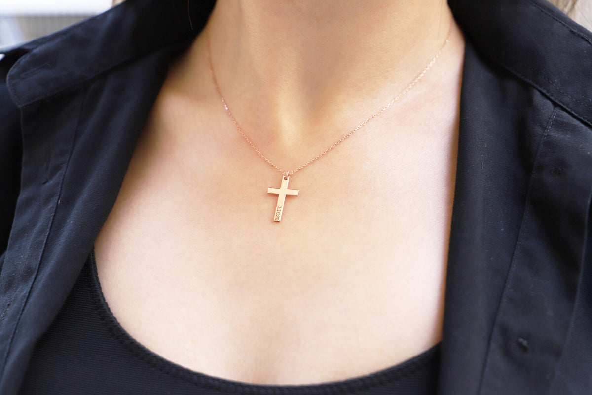 Custom Gold Cross Necklace • Dainty Small Cross Necklace • Personalized Name, Date Necklace • Gold Filled Cross Necklace • Gift for Women