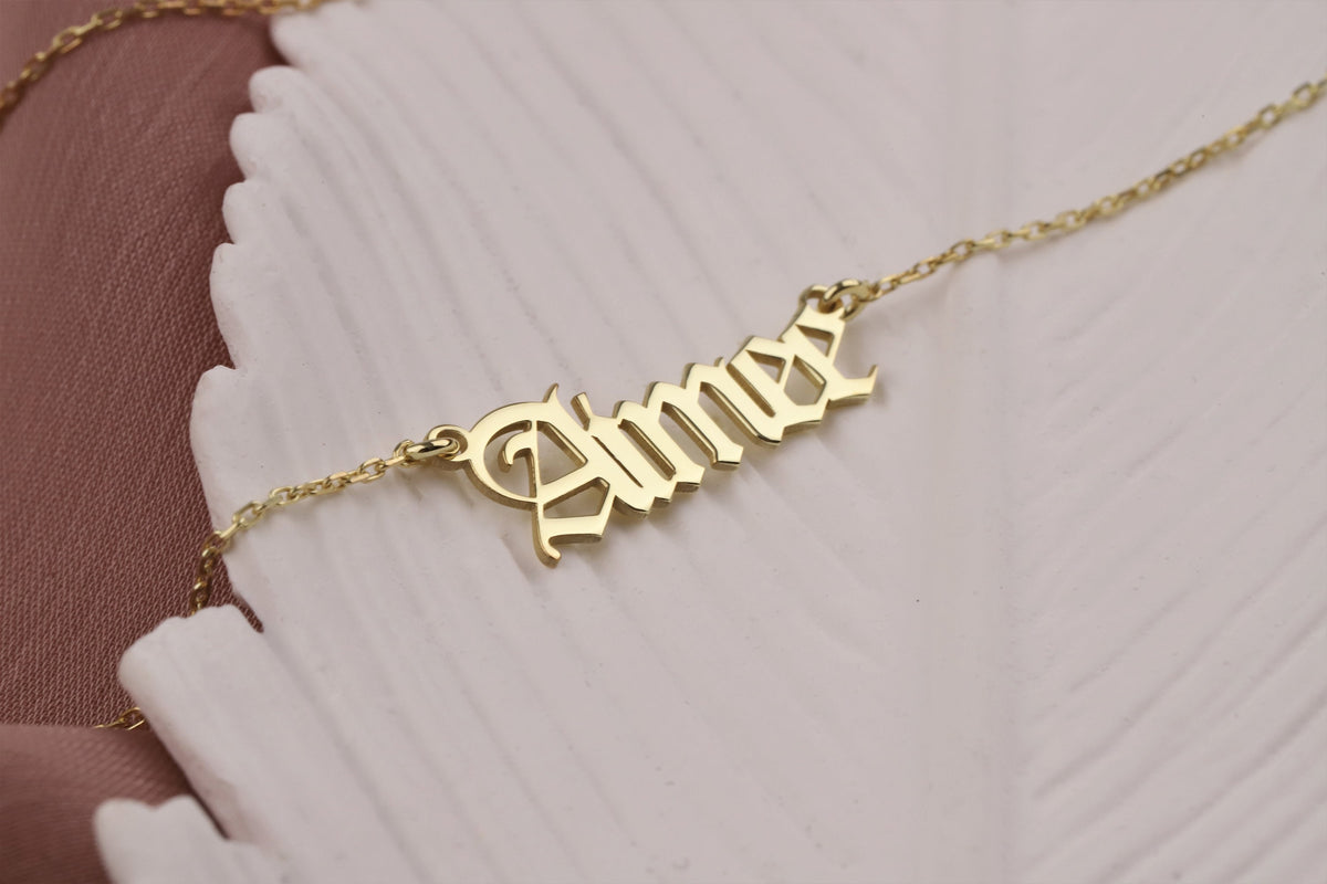 14k Solid Gold Name Necklace • Personalized Name Necklace Gold • Old English Name Necklace 14K • Gothic Name Necklace Gold 14k • Gold Gift