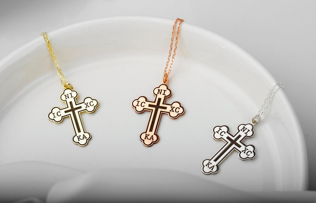 Christian Eastern Orthodox Cross Necklace, Charm IC XC NIKA Religious Jewelry by NecklaceDreamWorld in 14K Gold, Sterling Silver and Rose