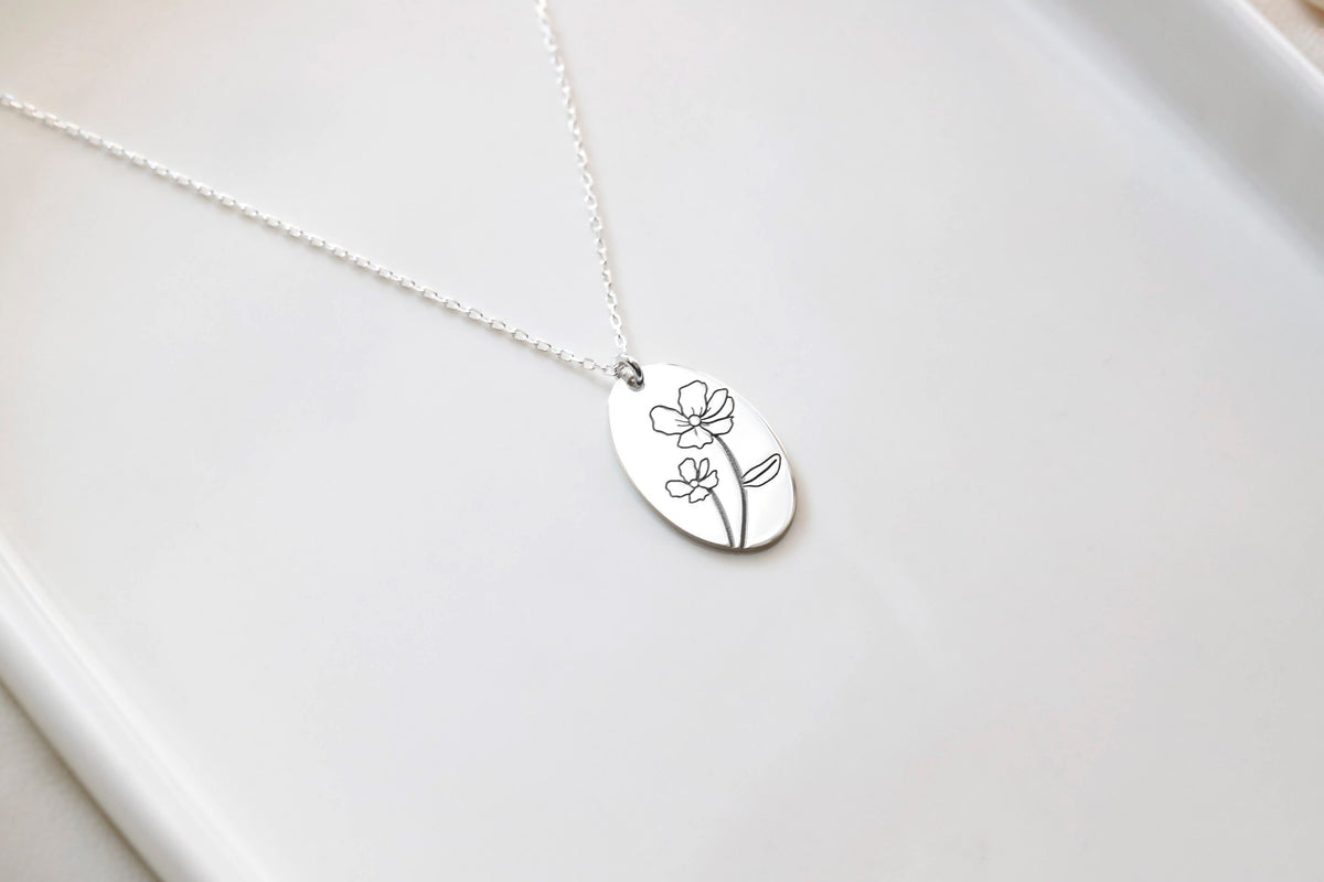 Birth Flower Necklace Silver | Minimalist Flower Necklace | Actual Handwriting Engraved | Floral Necklaces for Women