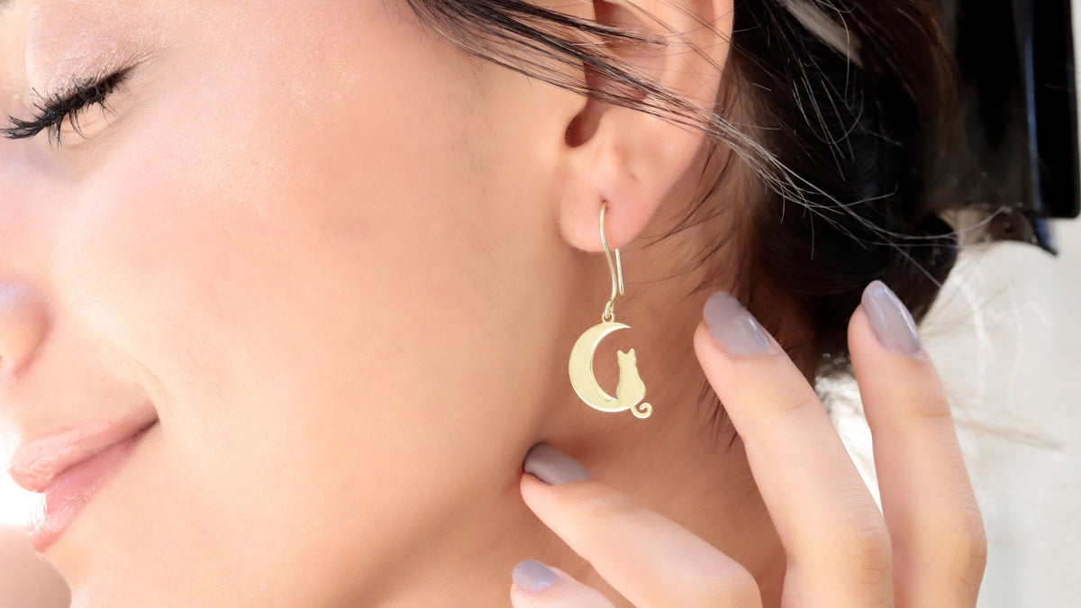 Handmade Cat Moon Dangle Earrings, 14K Gold Drop Earrings By NecklaceDreamWorld, Delicate Pet Lover Gifts, Birhday Gifts, Cat Jewelry
