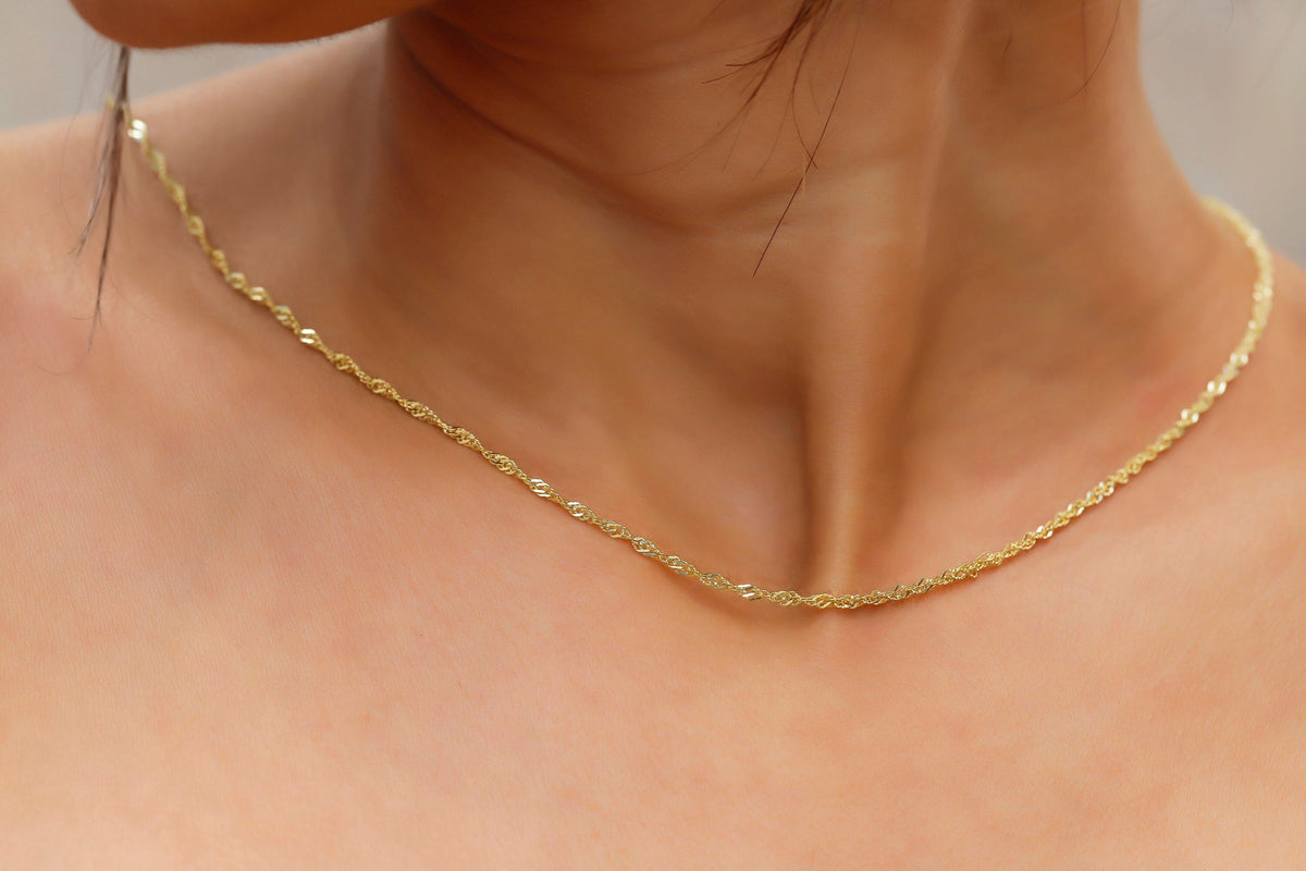 18k Gold Dainty Singapore Twist Chain, Everyday Jewelry, Sparkle Necklace, Gold Rope Chain Necklace, Maid of Honor Gift, Gift for Women