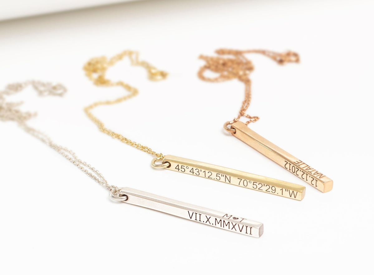 Custom Silver Long Bar Necklaces for Women, Cute Coordinates 4 Sided Bar Jewelry • Friendship Necklace • Perfect Gifts by NecklaceDreamWorld