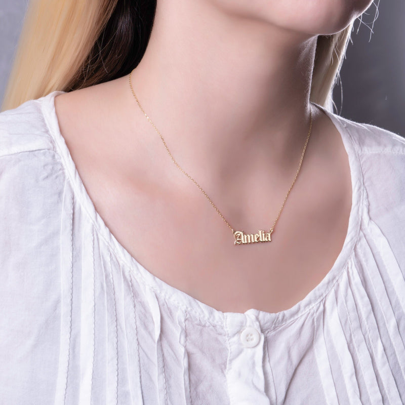 14k Solid Gold Name Necklace • Personalized Name Necklace Gold • Old English Name Necklace 14K • Gothic Name Necklace Gold 14k • Gold Gift