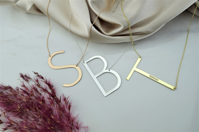 Custom Dainty Big Initial Necklace, Sideways Huge Letter Necklace Gold • Monogram Necklace Sterling Silver, Perfect Gifts Jewelry
