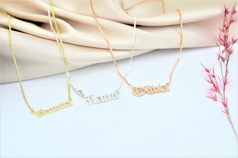 Box Chain Old English Name Necklace with Birthstone add on, Gothic Font Personalized Jewelry • Custom Perfect Birthday Gifts