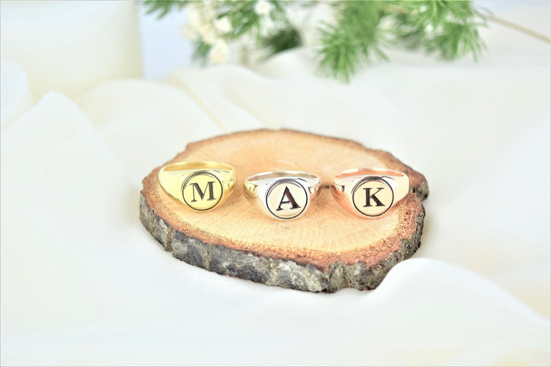 Personalized Women Signet Ring, Initial Engraved Ring in Sterling Silver, Gold and Rose Gold • Perfect Delicate Handmade Jewelry Gifts