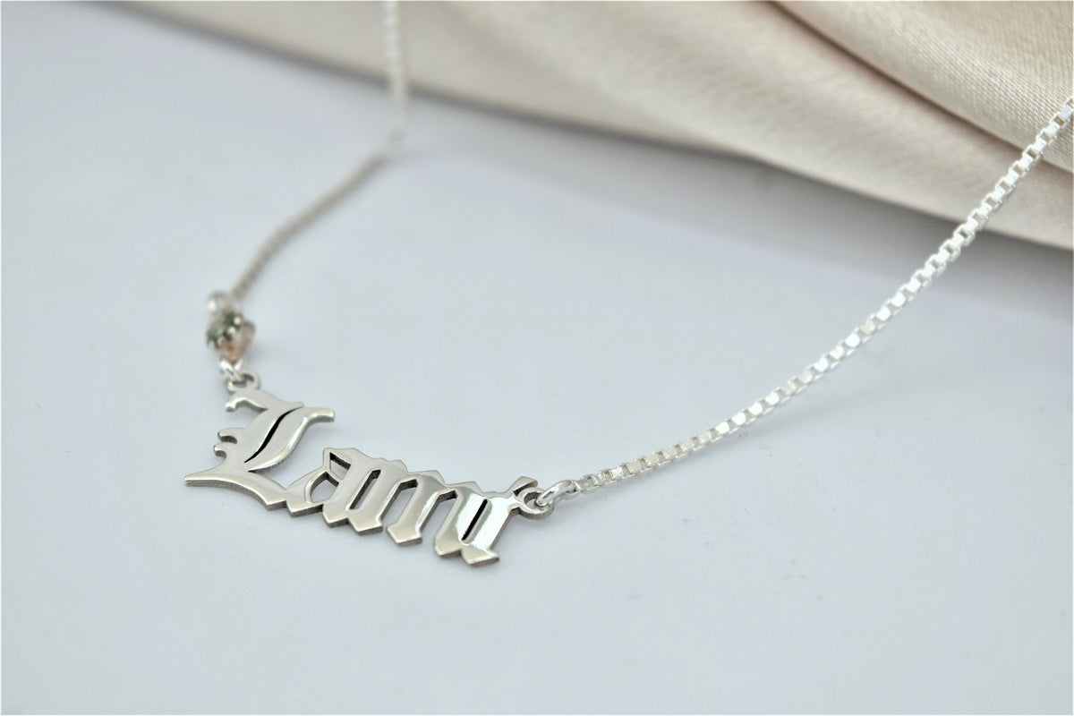 Box Chain Old English Name Necklace with Birthstone add on, Gothic Font Personalized Jewelry • Custom Perfect Birthday Gifts