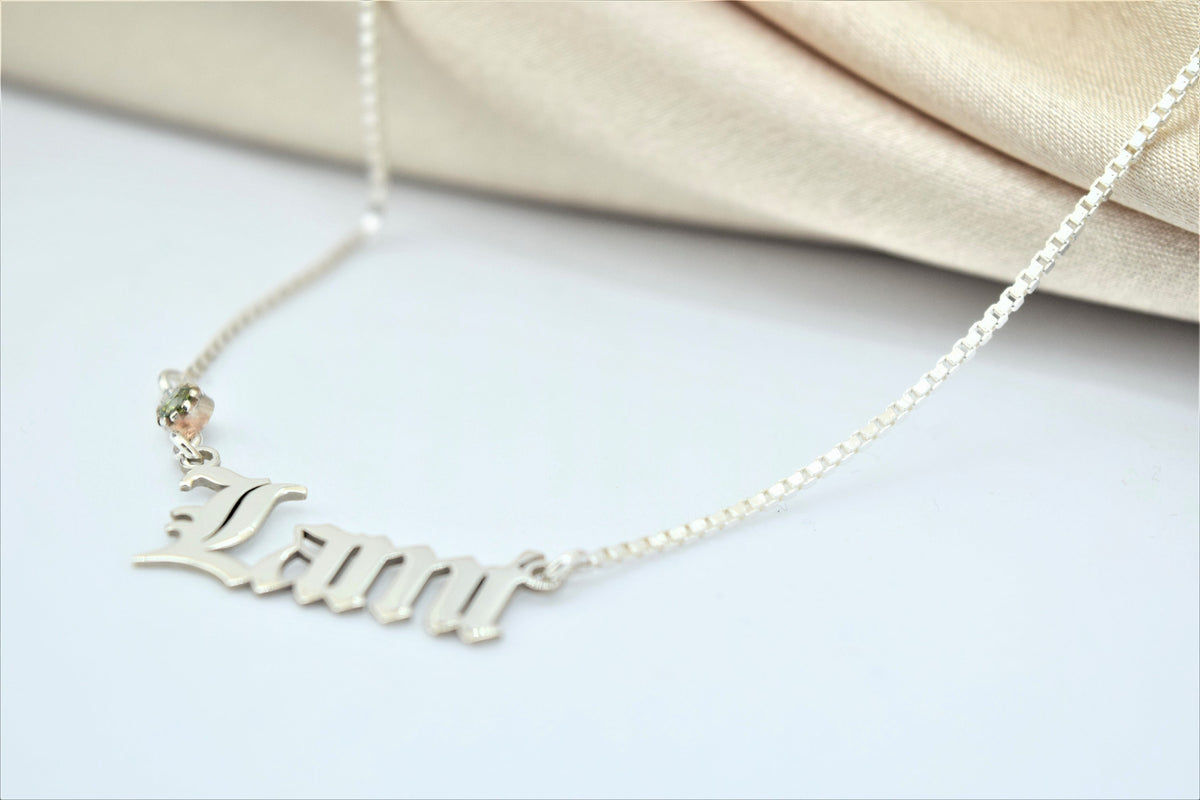 Box Chain Old English Name Necklace with Birthstone add on, Gothic Font Personalized Jewelry • Custom Perfect Birthday Gifts