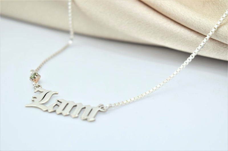Box Chain Old English Name Necklace with Birthstone add on, Gothic Font Personalized Jewelry • Custom Perfect Birthday Gifts