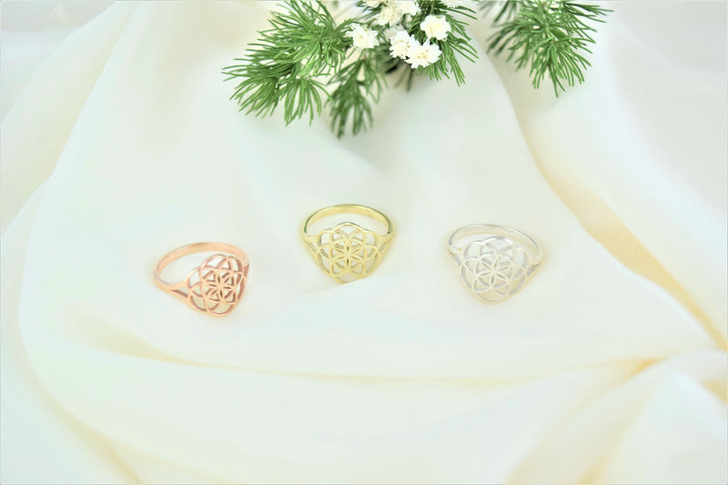 Handmade 14K Solid Gold Flower of Life Rings • Mandala Ring Rose Gold • Seed of Life Jewelry White Gold • Sacred Geometry Gifts