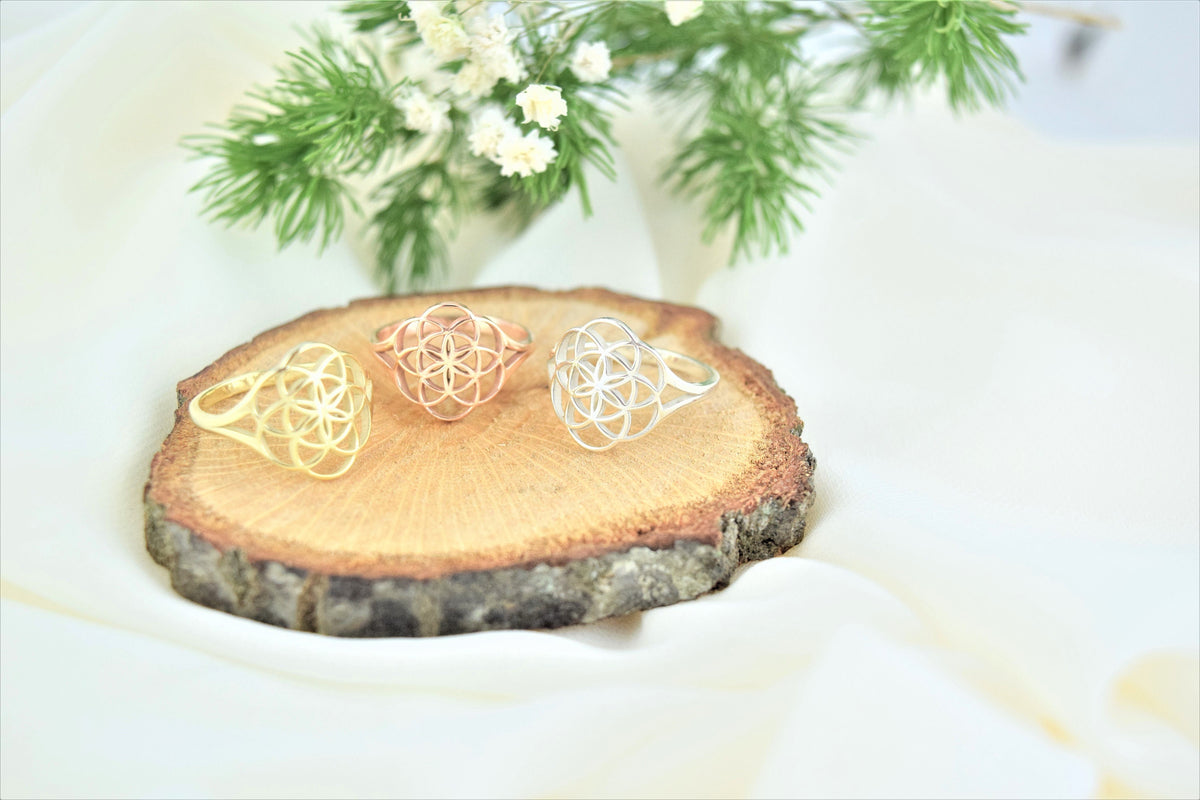 Handmade 14K Solid Gold Flower of Life Rings • Mandala Ring Rose Gold • Seed of Life Jewelry White Gold • Sacred Geometry Gifts
