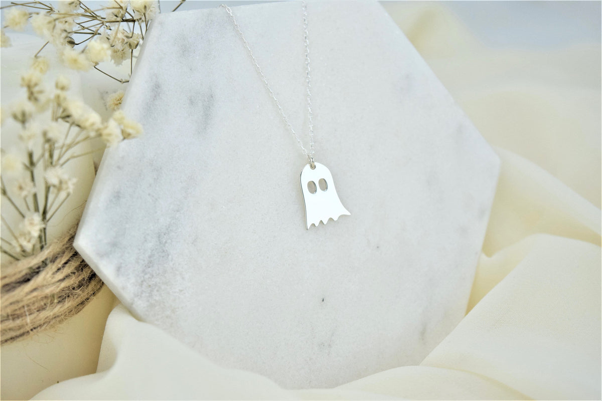 14K Solid (Real) Gold Tiny Ghost Necklace, Spooky Cute Boo Emoji • Halloween Gifts for Her and Him