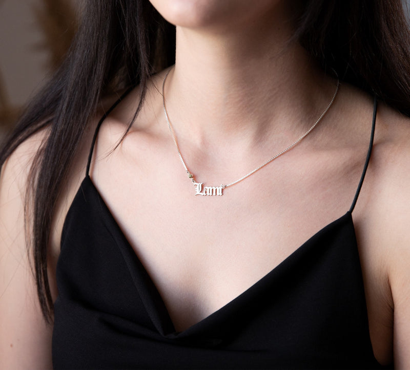 Box Chain Old English Name Necklace with Birthstone add on, Gothic Font Personalized Jewelry • Custom Perfect Birthday Gifts