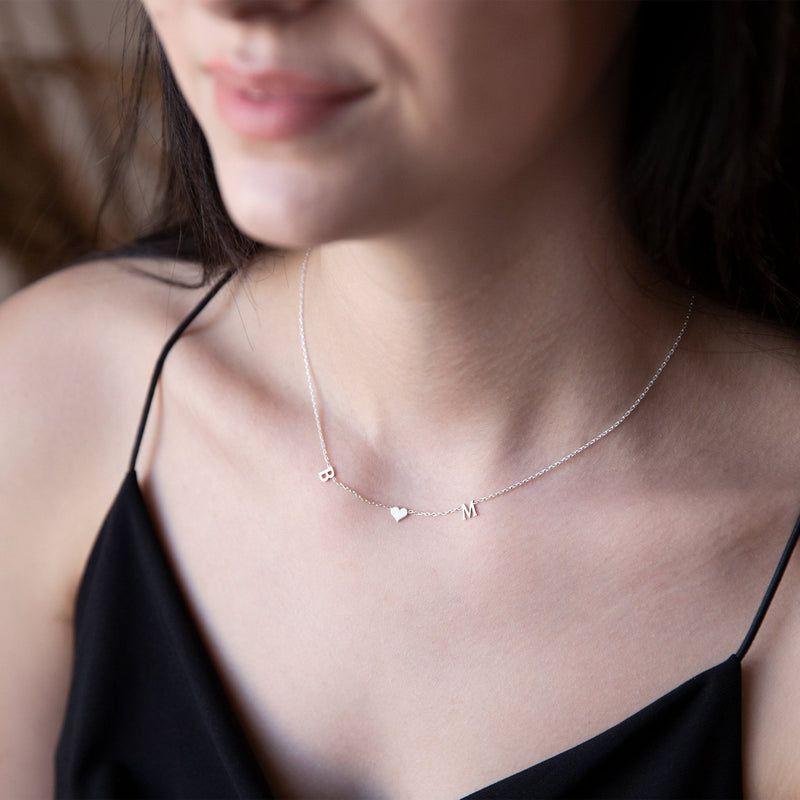 14K Solid Gold Choker Two Initial Heart Necklace • Personalized Custom Letter Necklace • Two Tiny Double Initial Jewelry with Heart