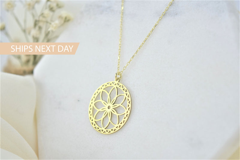 Ready to Ship Mandala Necklace Handmade • Sacred Geometry Flower Seed of Life Jewelry • Spiritual Yoga Necklace Sterling Silver, Rose, Gold