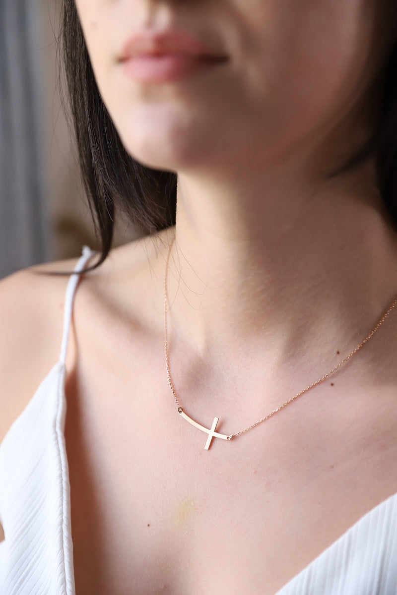 Sterling Silver Cross Necklace for Women, Dainty Sideways Cross Necklace with Birthstone • Minimalist Cross Jewelry • Gift for Her