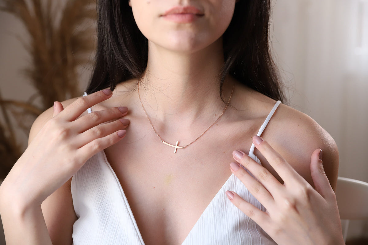 Sterling Silver Cross Necklace for Women, Dainty Sideways Cross Necklace with Birthstone • Minimalist Cross Jewelry • Gift for Her