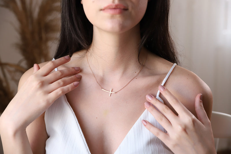 Sterling Silver Cross Necklace for Women, Dainty Sideways Cross Necklace with Birthstone • Minimalist Cross Jewelry • Gift for Her