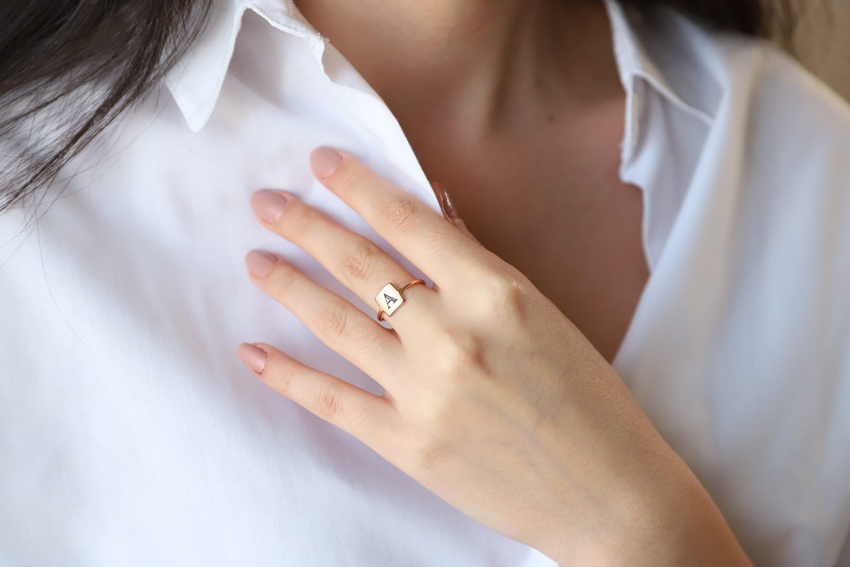 Square Initial Ring • Fidget Ring • Custom Letter Ring • Dainty Signet Promise Ring • Girlfriend Gift