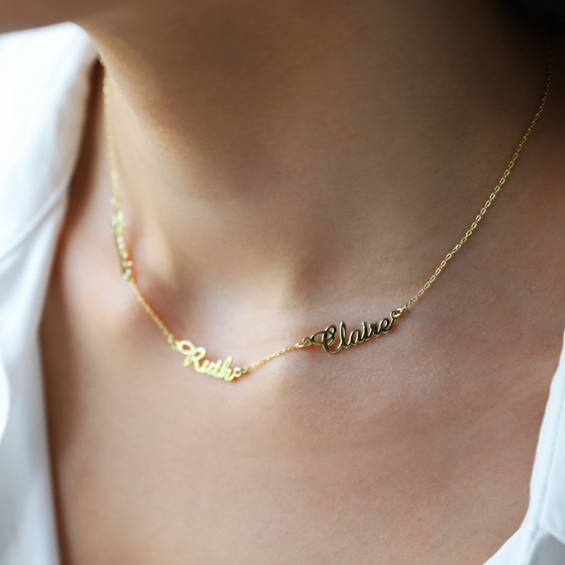 Handmade Memorial Family Multiple Name Necklace • Dainty Gold Double Two Name Necklace with Birthstone • Birthday, Christmas Gifts for Her