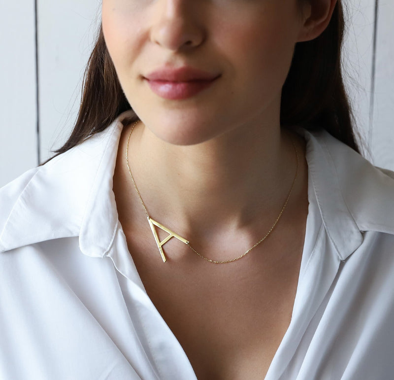 Custom Dainty Big Initial Necklace, Sideways Huge Letter Necklace Gold • Monogram Necklace Sterling Silver, Perfect Gifts Jewelry