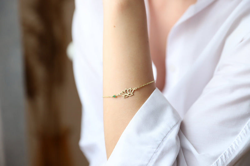 Dainty Gold Friendship Lotus Flower Bracelet, Birthstone-Gemstone add on, Couples Silver, Gold and Rose Gold Jewelry by NecklaceDreamWorld