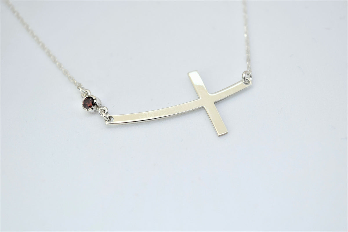 Sterling Silver Cross Necklace for Women, Dainty Sideways Cross Necklace with Birthstone • Minimalist Cross Jewelry • Gift for Her