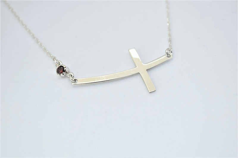 Sterling Silver Cross Necklace for Women, Dainty Sideways Cross Necklace with Birthstone • Minimalist Cross Jewelry • Gift for Her