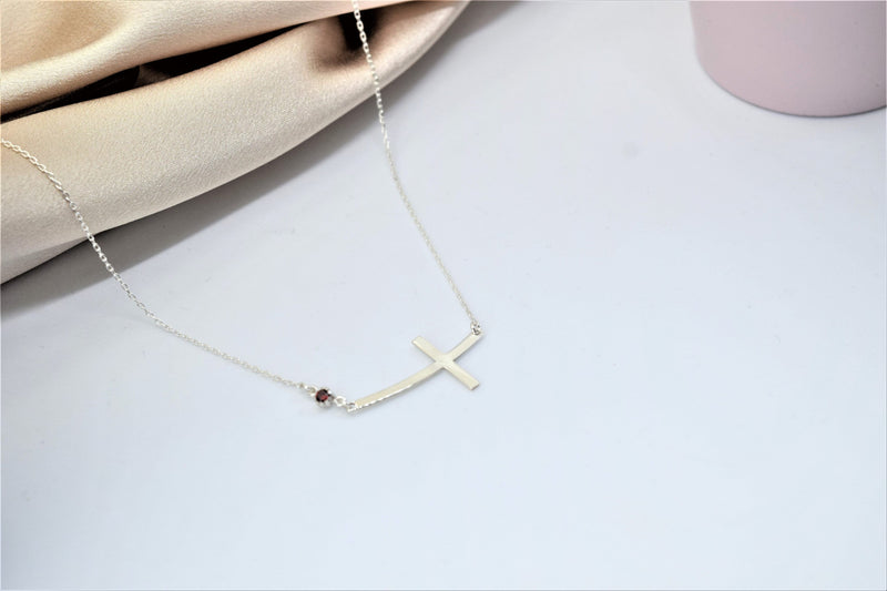 Sterling Silver Cross Necklace for Women, Dainty Sideways Cross Necklace with Birthstone • Minimalist Cross Jewelry • Gift for Her