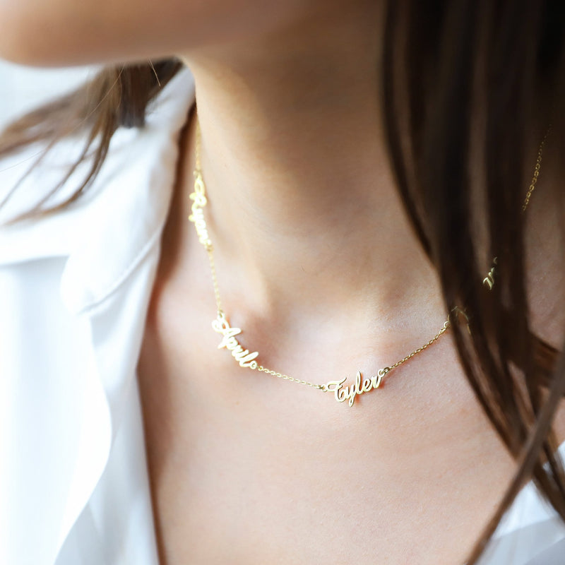 Real (Solid) 14K Gold Family Name Necklaces for Women, Personalized Multiple Names Jewelry • Dainty Birthday Gifts for Her