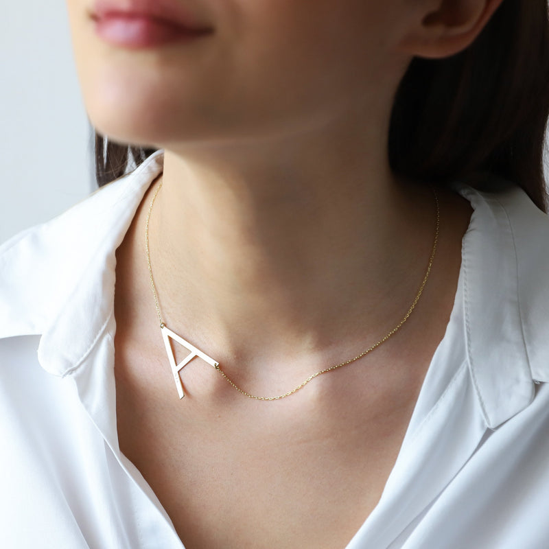 Custom Dainty Big Initial Necklace, Sideways Huge Letter Necklace Gold • Monogram Necklace Sterling Silver, Perfect Gifts Jewelry